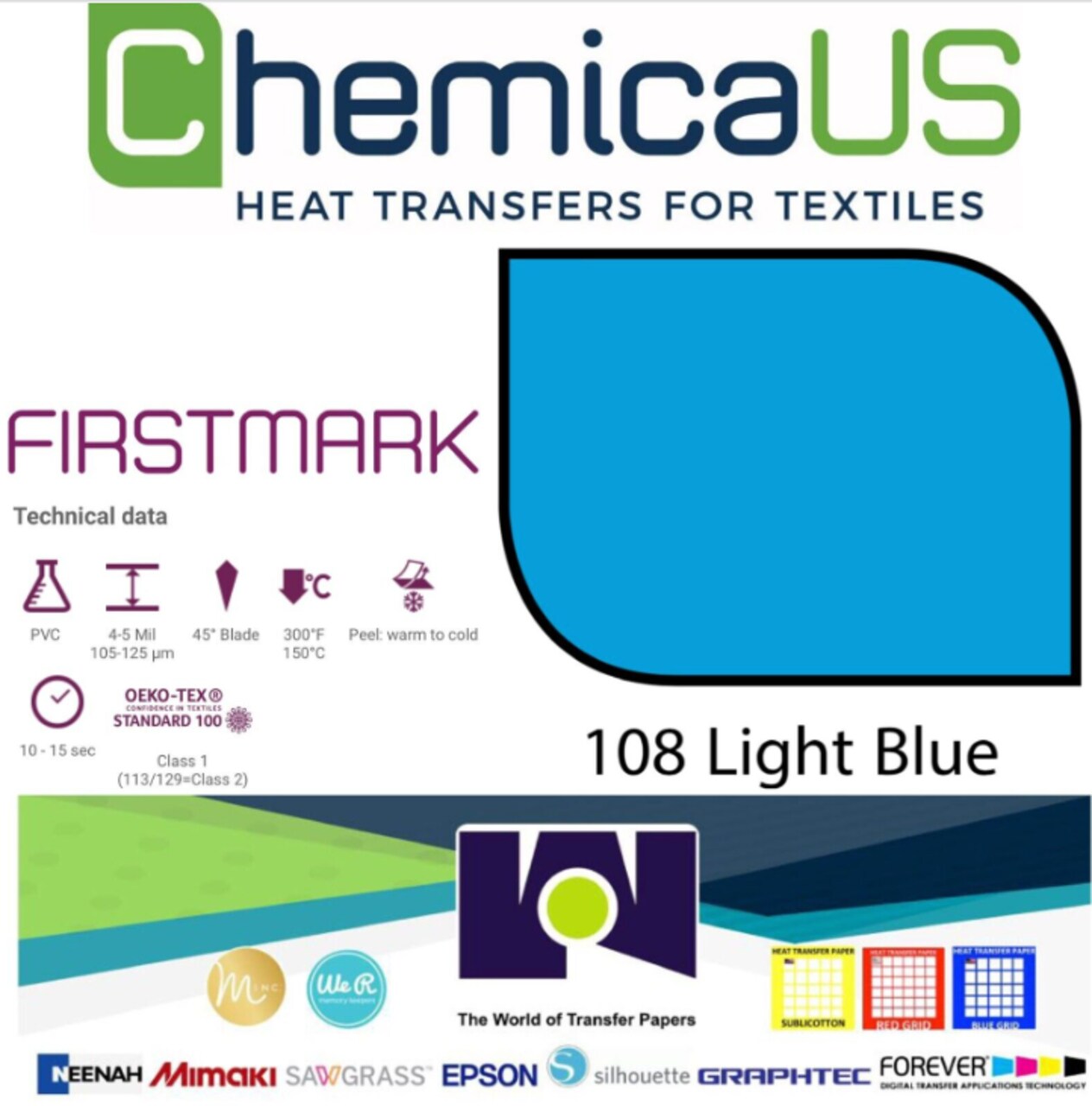 USA 15" x 22 Yds Chemica FirstMark Heat Transfer Vinyl LIGHT BLUE CH-108 HTV